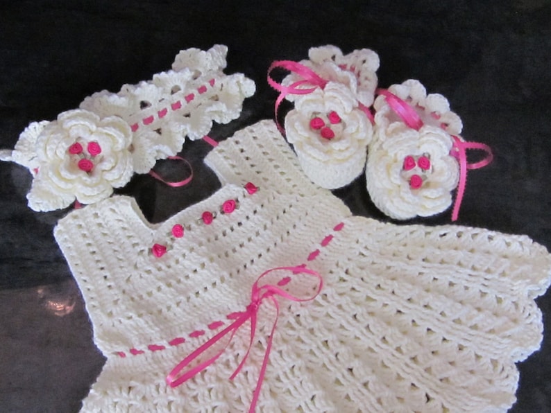 Premium Handmade Baby Girl Crochet White Dress, Head Band, and Booties Set with Beautiful Pink Flowers