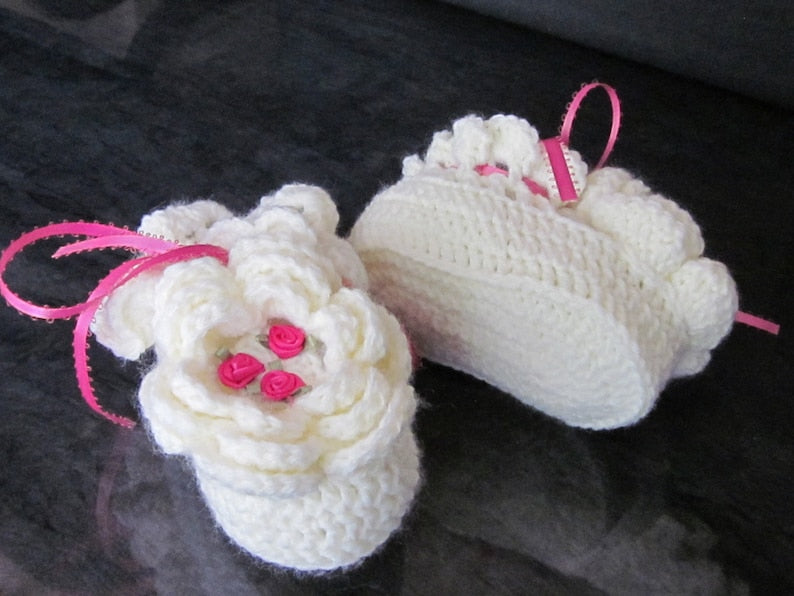 Premium Handmade Baby Girl Crochet White Dress, Head Band, and Booties Set with Beautiful Pink Flowers