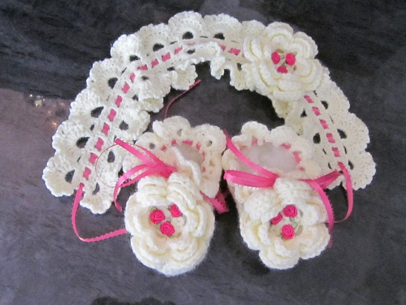 Premium Handmade Baby Girl Crochet White Dress, Head Band, and Booties Set with Beautiful Pink Flowers