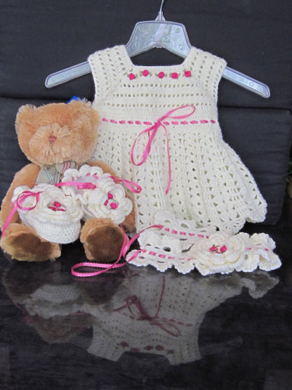 Premium Handmade Baby Girl Crochet White Dress, Head Band, and Booties Set with Beautiful Pink Flowers