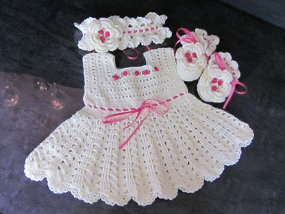 Premium Handmade Baby Girl Crochet White Dress, Head Band, and Booties Set with Beautiful Pink Flowers